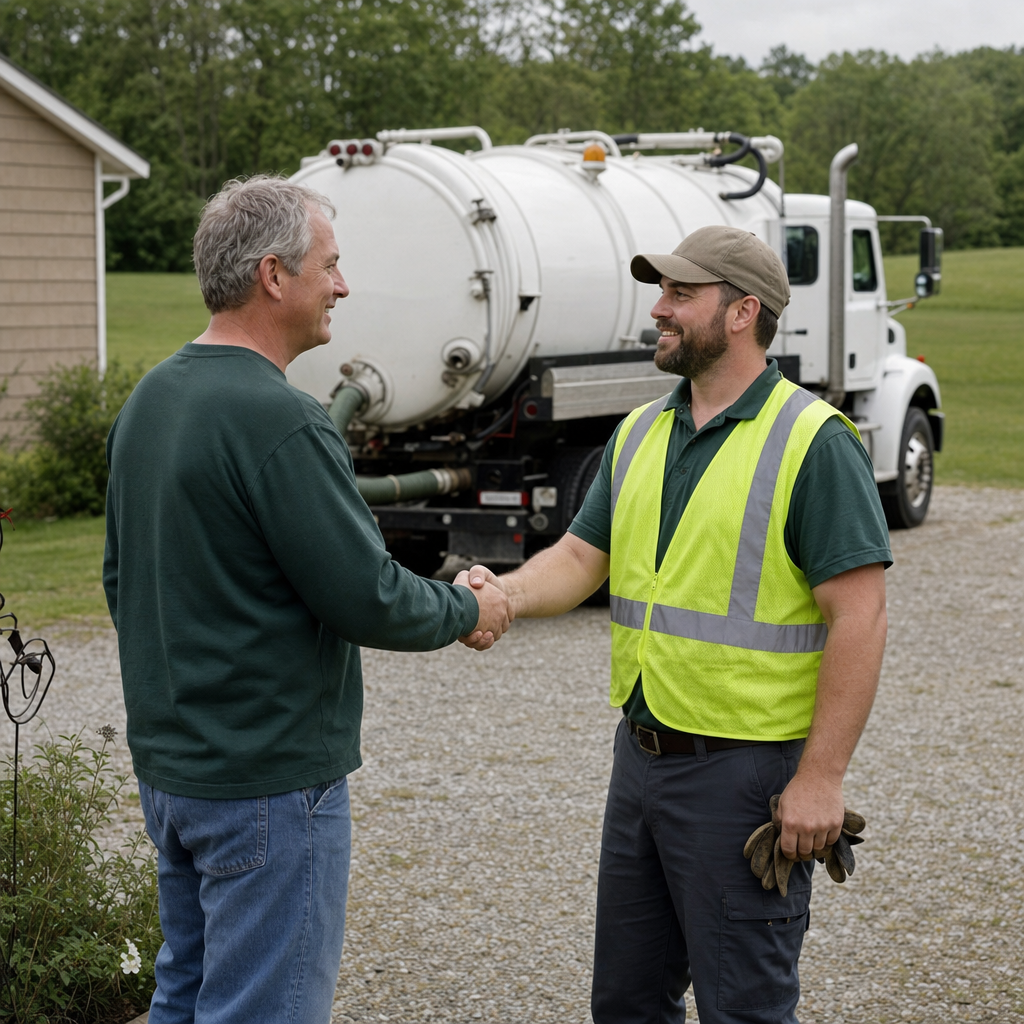 A septic technician shaking a Quincy homeowner's hand beside the service truck after a completed pump-out
