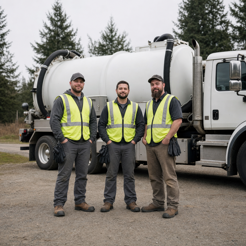 The Quincy septic pumping crew standing together beside their clean white vacuum truck on a residential street