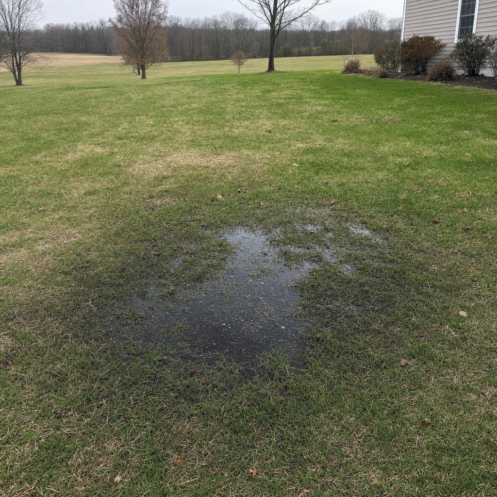 A dark, saturated wet spot in a Quincy backyard lawn marking a failing cesspool at capacity