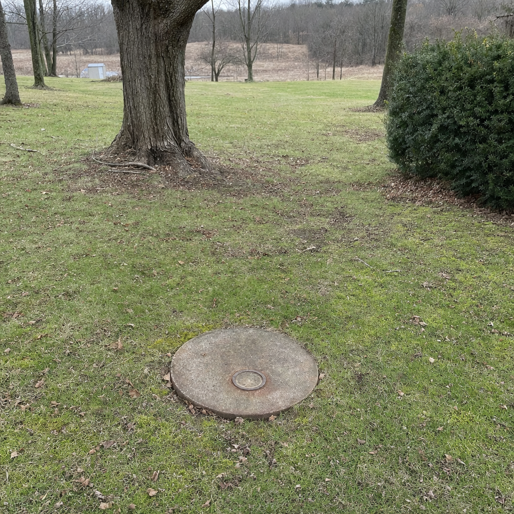 An older round cesspool access lid set flush in an established, mature Quincy backyard lawn