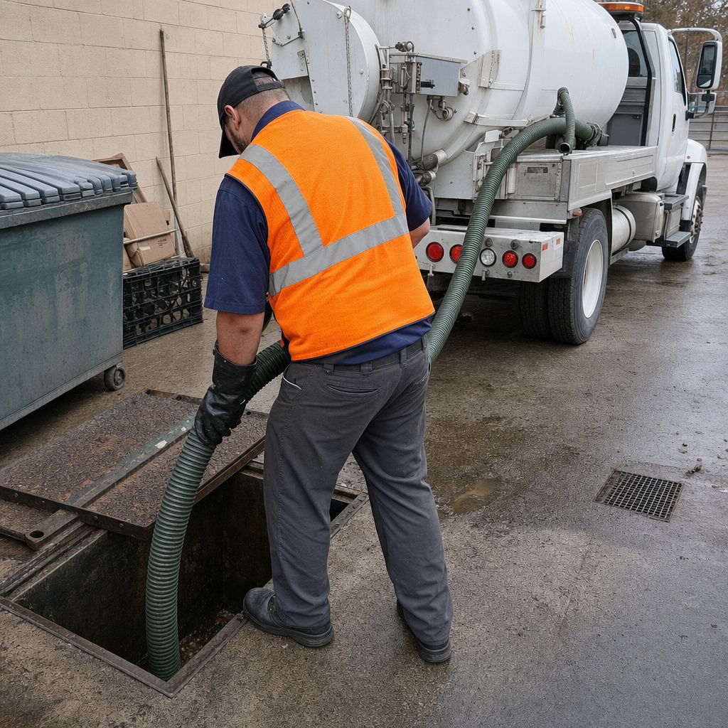 Technician pumping a grease trap behind a Quincy restaurant