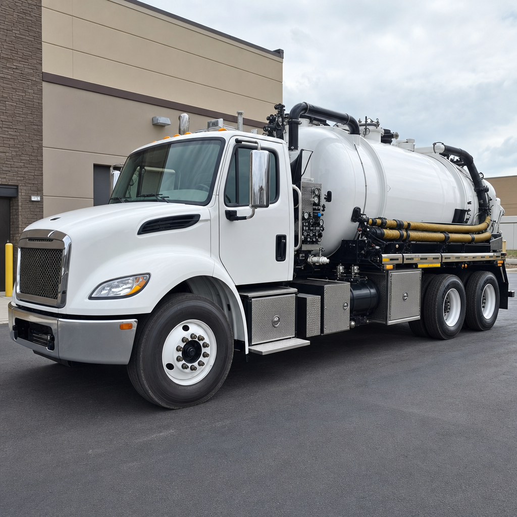Commercial septic vacuum truck parked in a Quincy business parking lot