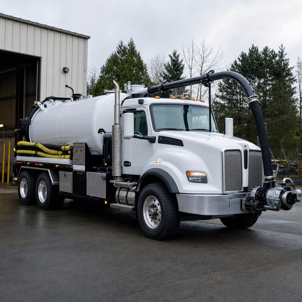 A clean white septic vacuum truck rolling out of a tidy Quincy service depot at the start of the day