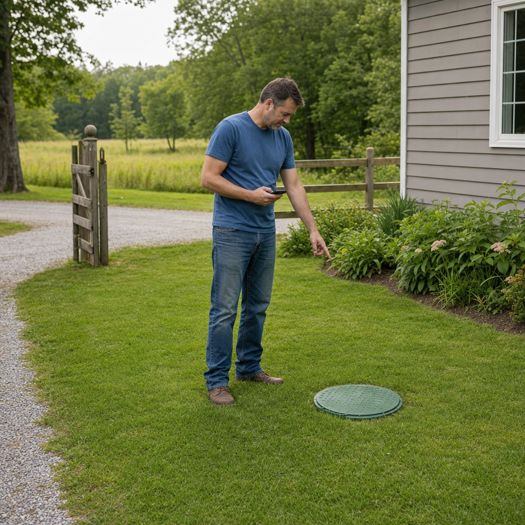 A Quincy-area homeowner standing in the backyard noting where the septic tank lid and access route are located