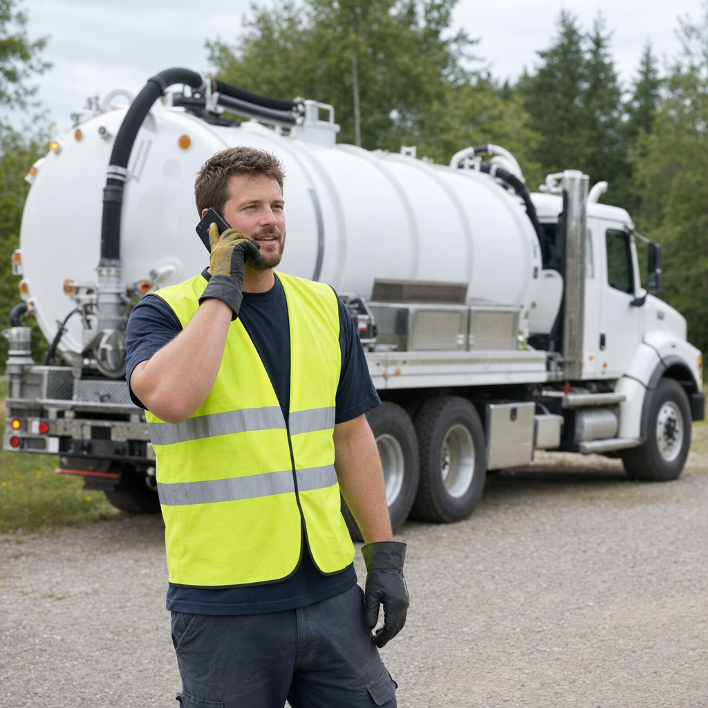A friendly septic dispatcher holding a phone, ready to answer a Quincy homeowner's call about a pump-out