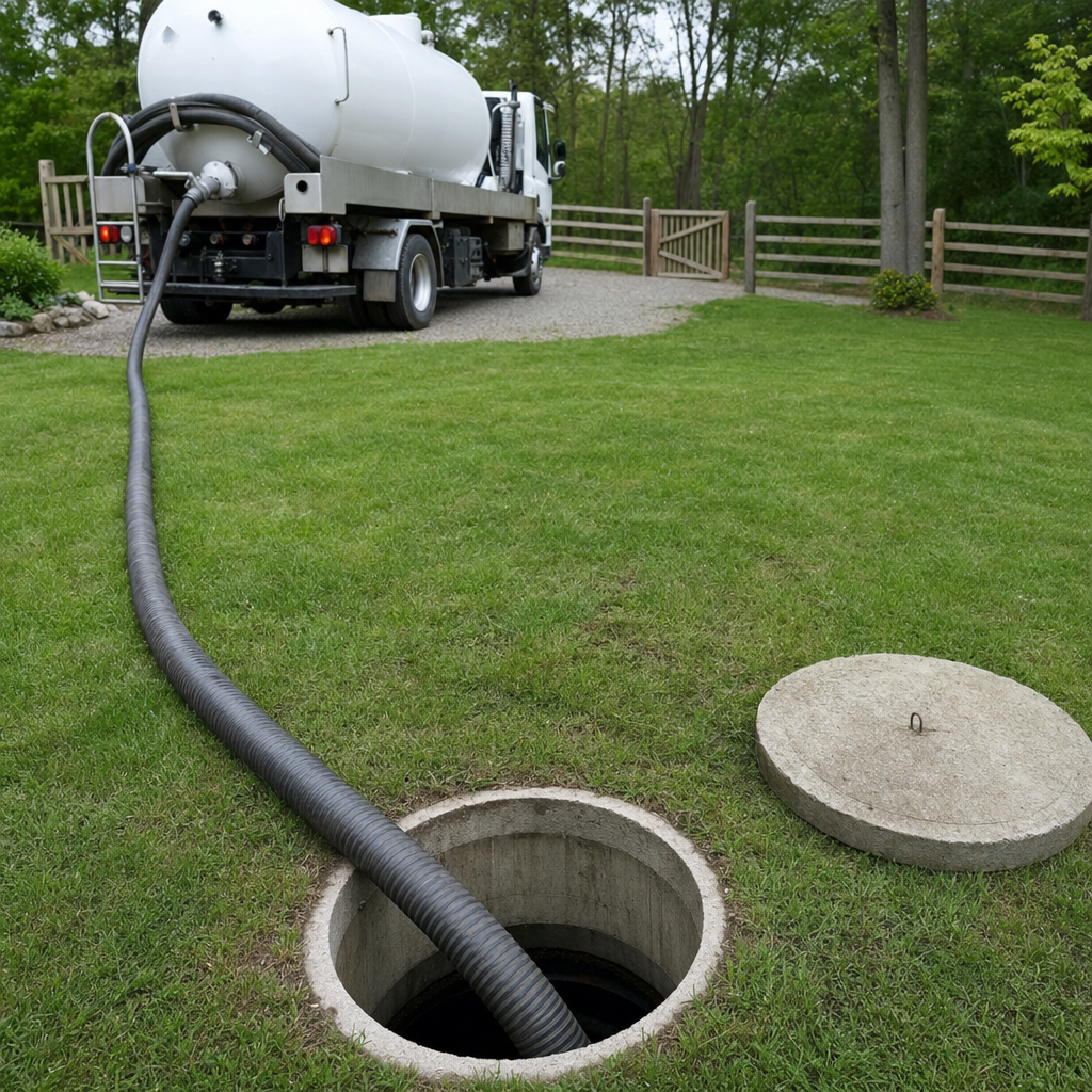 Suction hose connected to an open septic tank, drawing it down in a tidy Quincy yard
