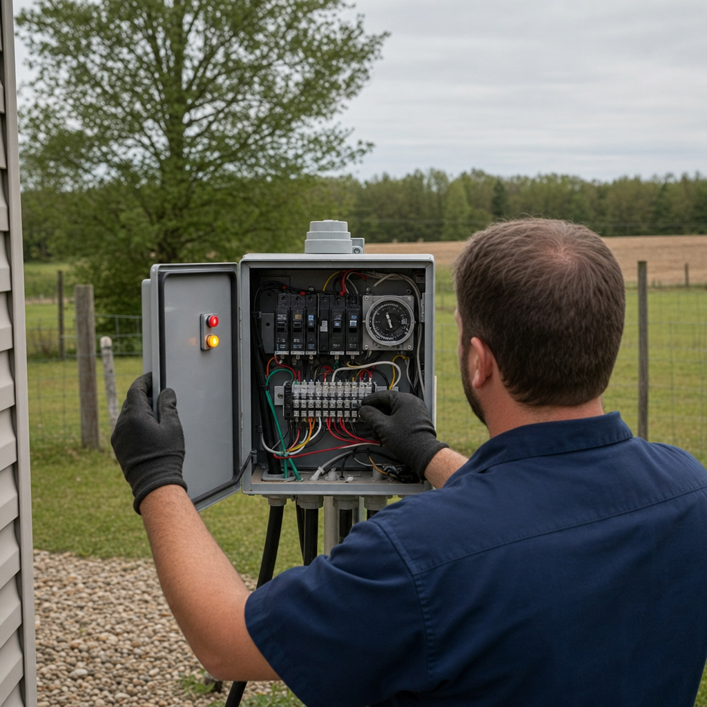 Technician checking an aerobic septic control box with a lit red high-water alarm during a same-day Quincy visit