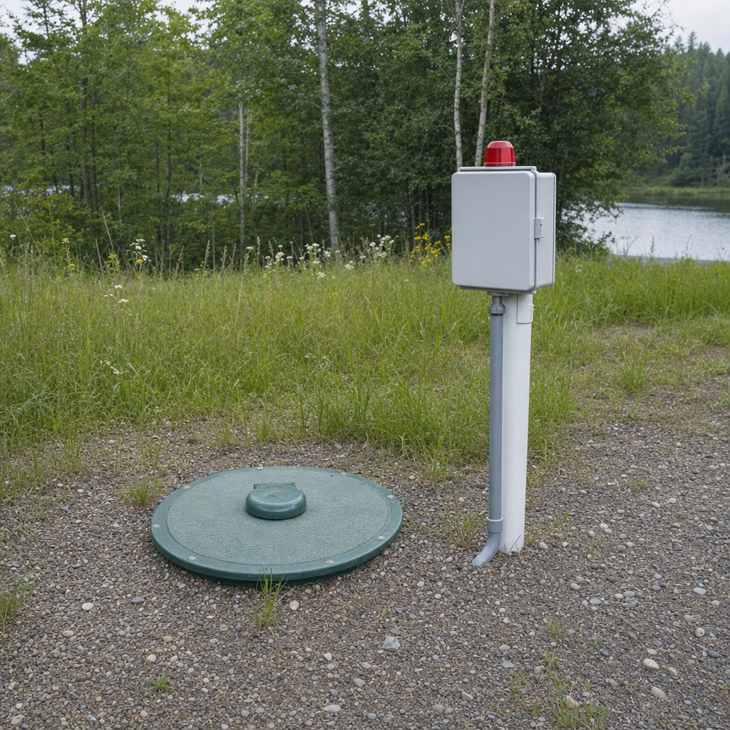 A wastewater holding tank access lid set in the ground at a rural Quincy-area cabin, with a mounted high-level float alarm panel nearby