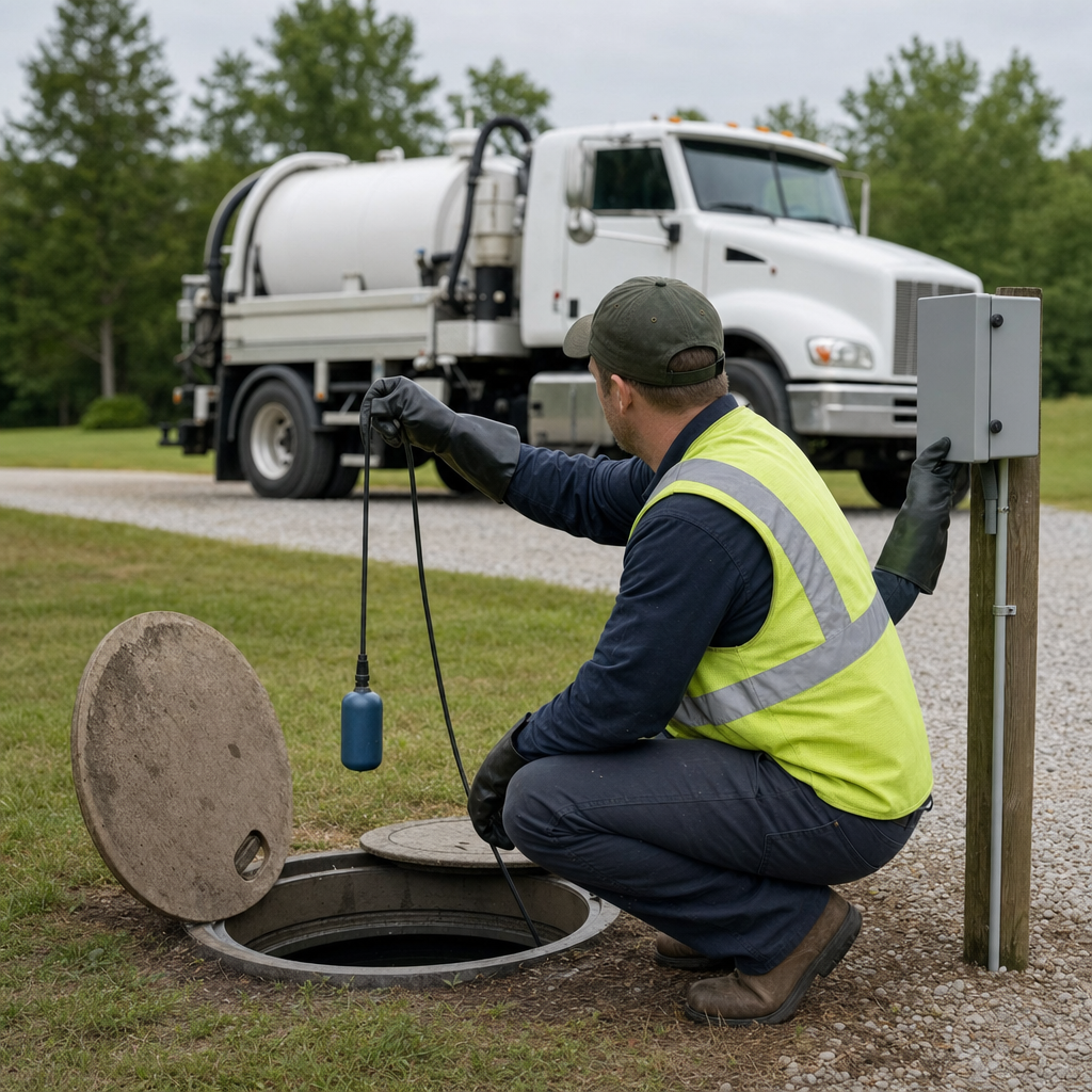 A septic technician in a high-visibility vest checking a high-level float switch and alarm panel on a holding tank at a rural Quincy-area site