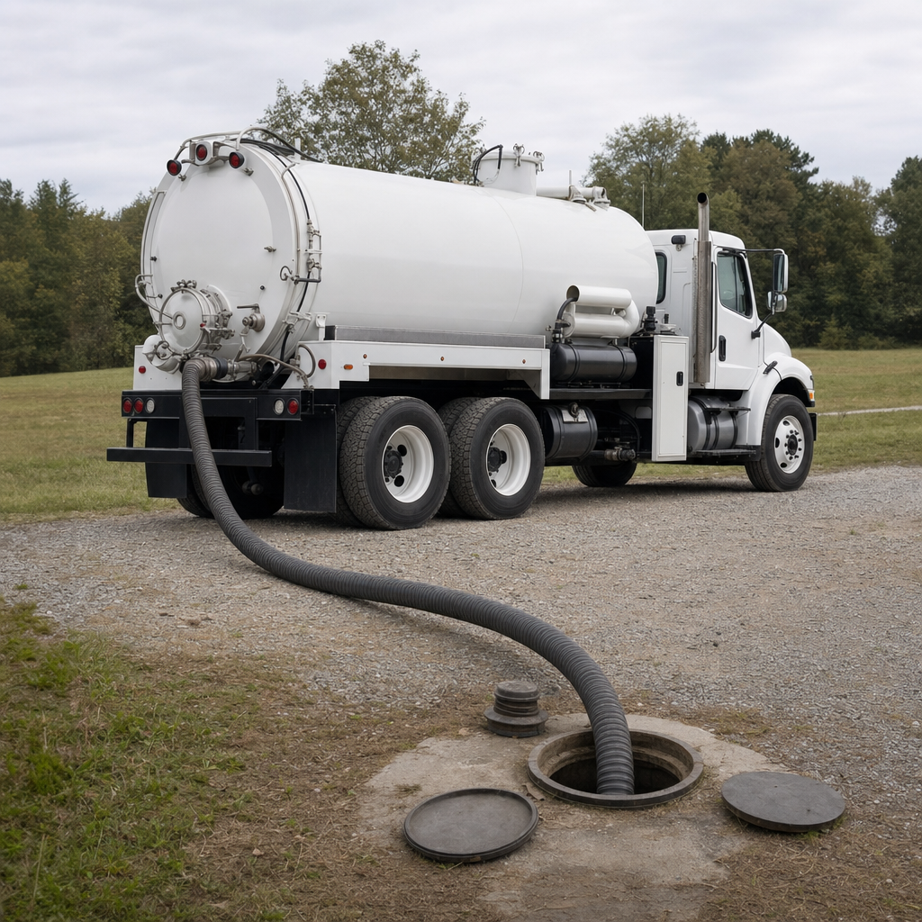 An unmarked white vacuum truck emptying a wastewater holding tank on a scheduled visit at a rural Quincy-area property, thick suction hose running to the tank lid