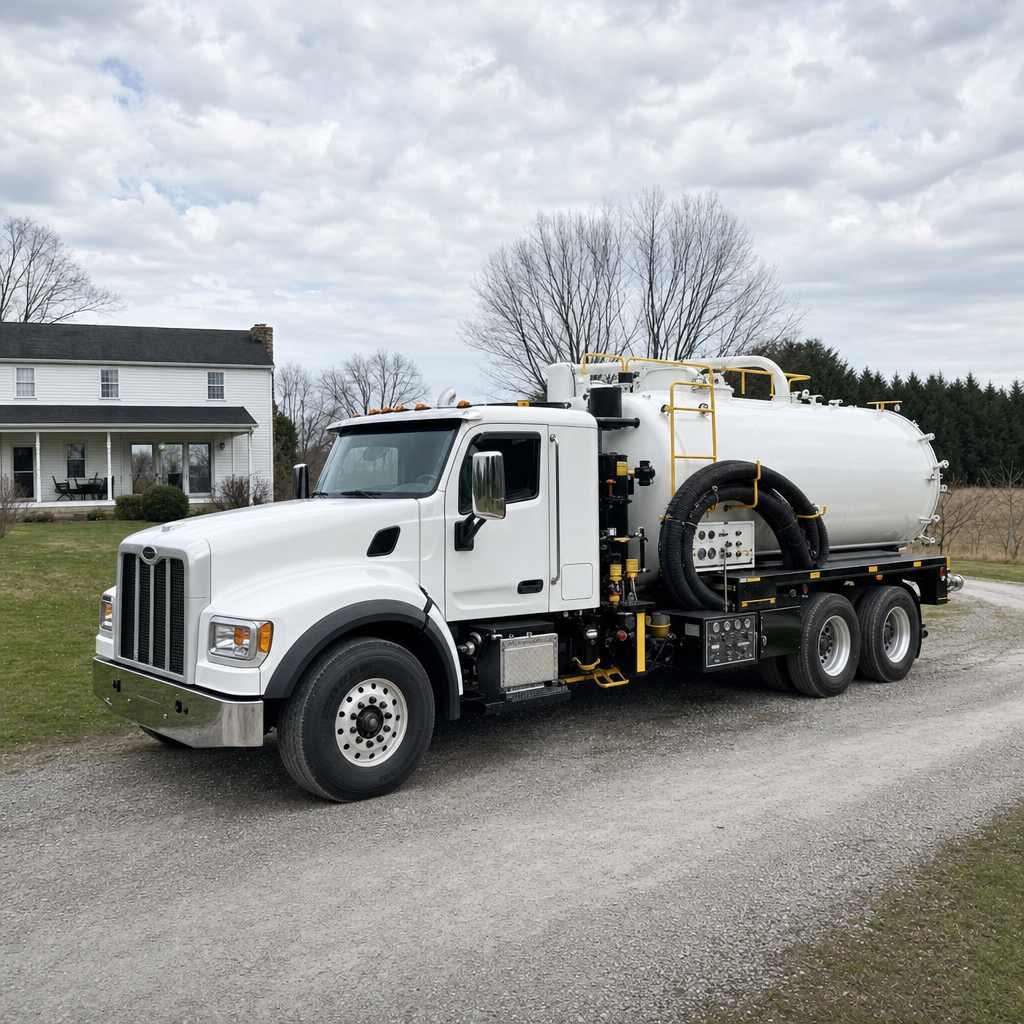 A clean white septic vacuum truck parked on a tidy Quincy driveway with the suction hose neatly coiled