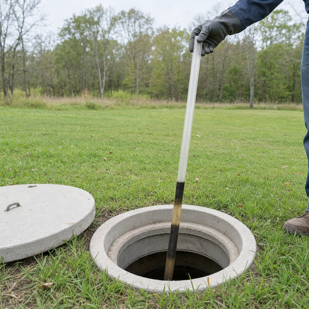 A septic sludge-judge measuring stick lowered into an open Quincy septic tank to read the depth of the sludge and scum layers before deciding whether a pump-out is due