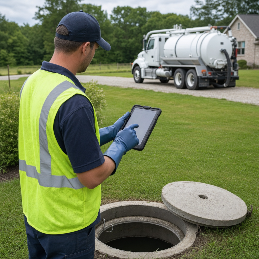 A septic technician recording a Quincy home's pump-out date and tank condition on a tablet beside an open access lid, tracking the service history that sets the next due date