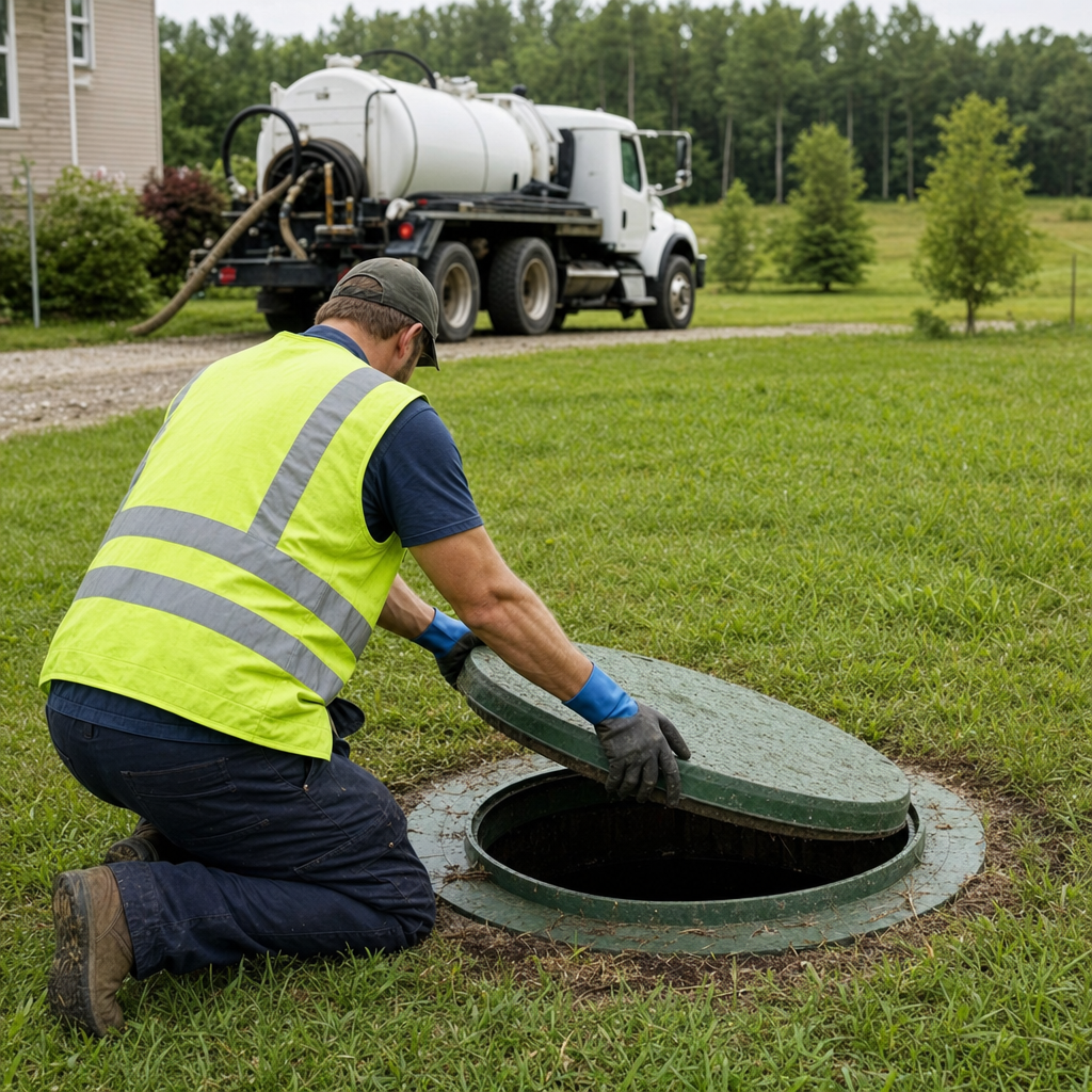 Septic technician kneeling on a Quincy lawn, lifting the access lid on a residential septic tank