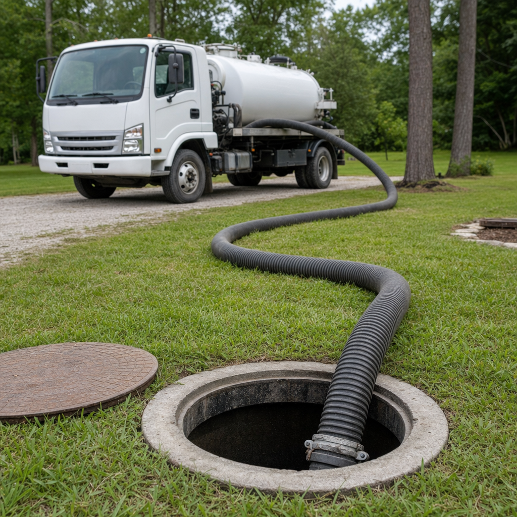 Thick ribbed suction hose lowered into a clean open septic tank port on a tidy Quincy backyard lawn