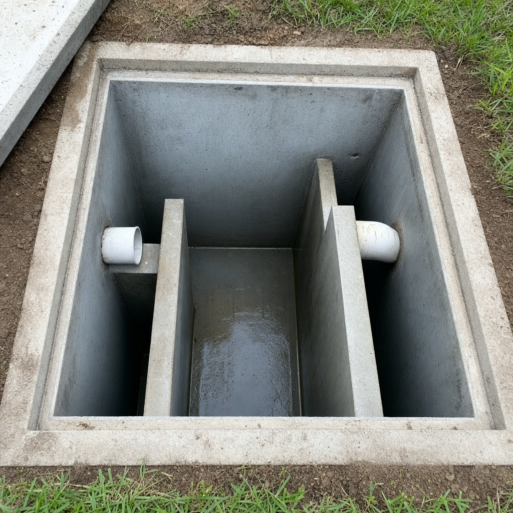 Inspection of the concrete baffles inside an open, emptied and freshly cleaned Quincy septic tank