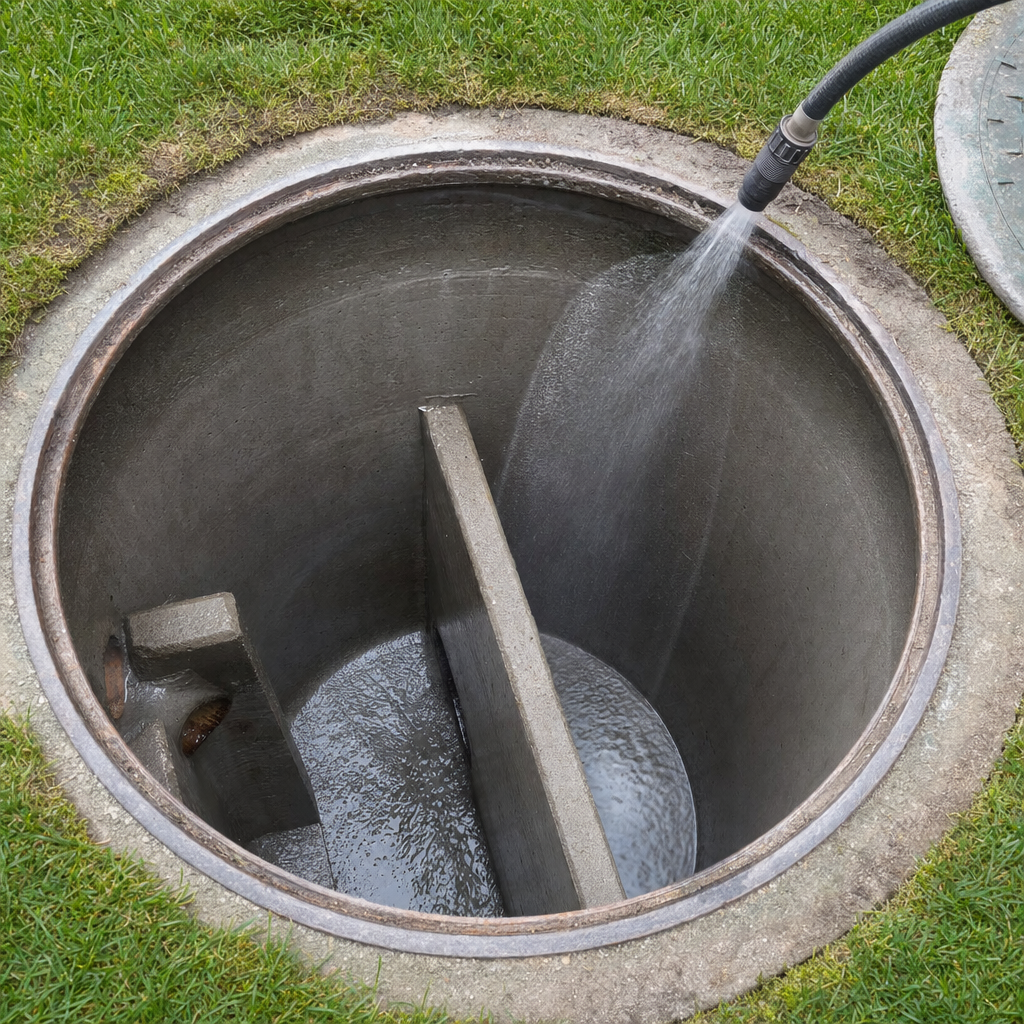 Interior concrete walls of an emptied Quincy septic tank being rinsed clean with the truck's onboard water hose