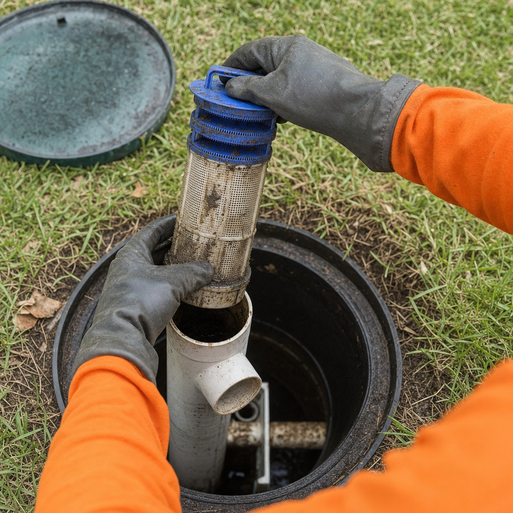 Septic technician's gloved hands lifting the effluent filter cartridge out of the outlet housing on a Quincy septic tank