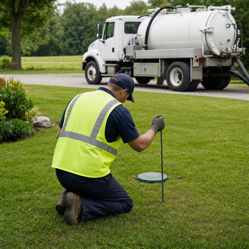 Septic technician kneeling on a Quincy lawn, probing to locate and measure the depth of a buried septic tank lid before pumping