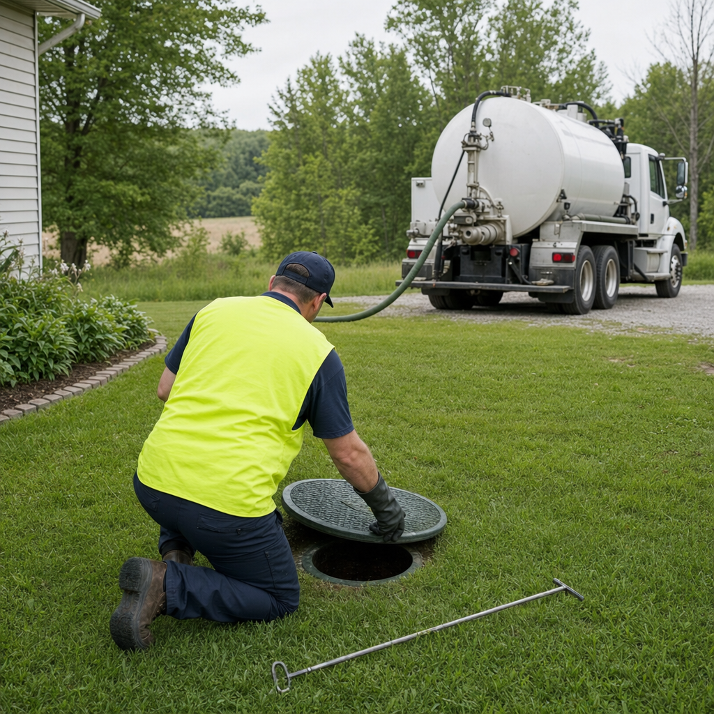 Septic technician kneeling on a Quincy lawn, lifting the buried access lid on a residential septic tank