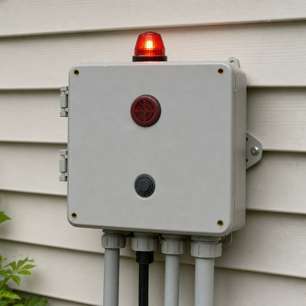 An aerobic septic system control panel mounted outside a Quincy home with its red high-water alarm light lit