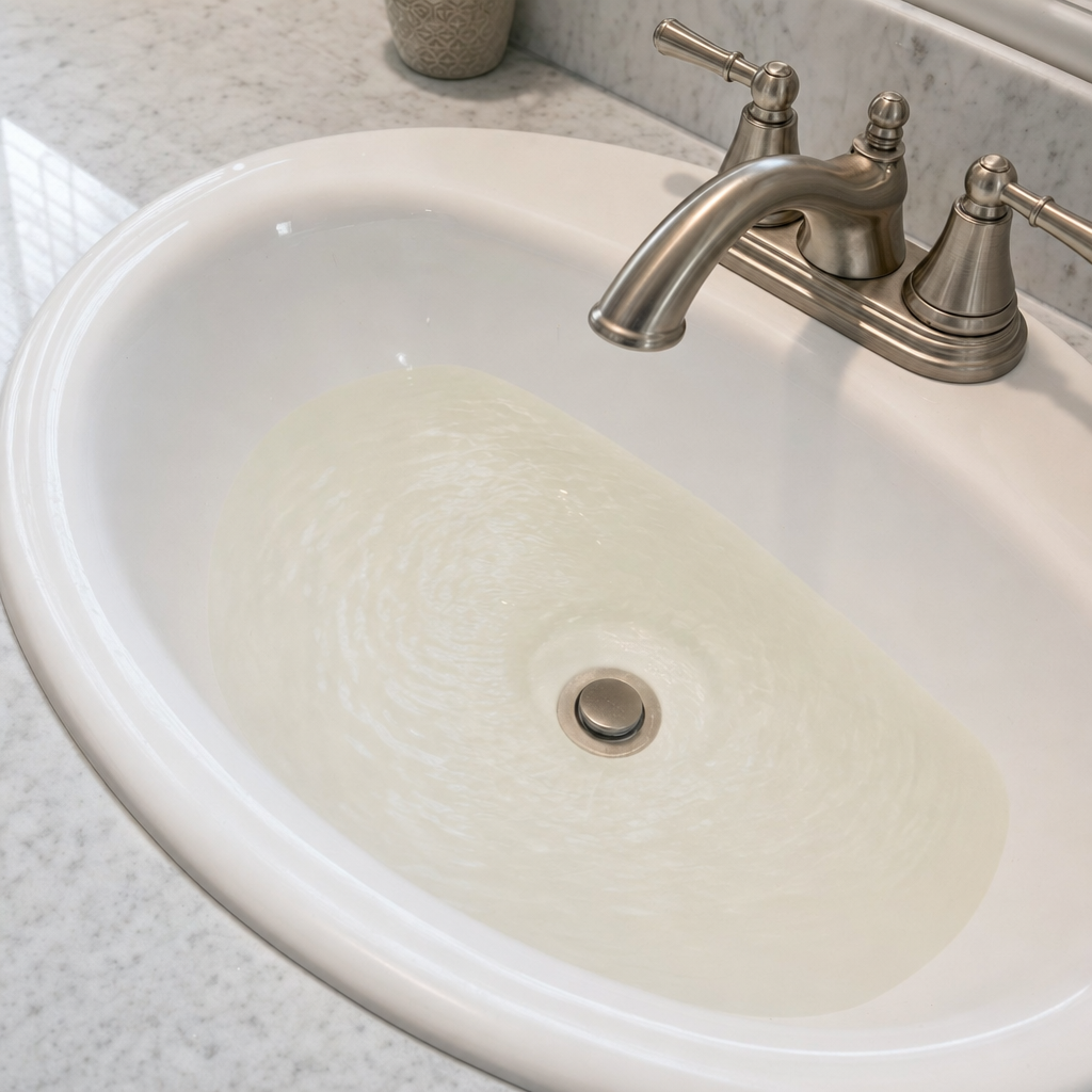 A bathroom sink draining slowly with water pooled in the basin, an early warning sign that a Quincy septic tank is full